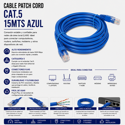 Cable Patch Cord CAT.5e 15 Metros Azul