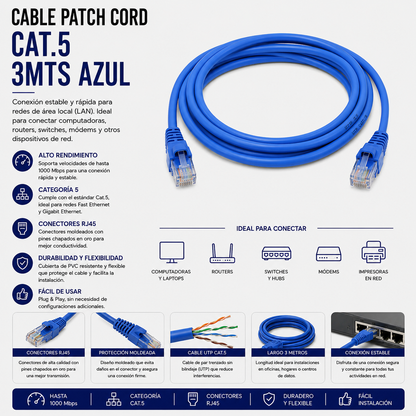 Cable Patch Cord CAT.5e 3 Metros Azul
