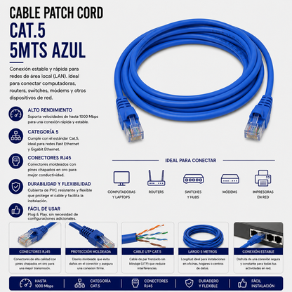 Cable Patch Cord CAT.5e 5 Metros Azul