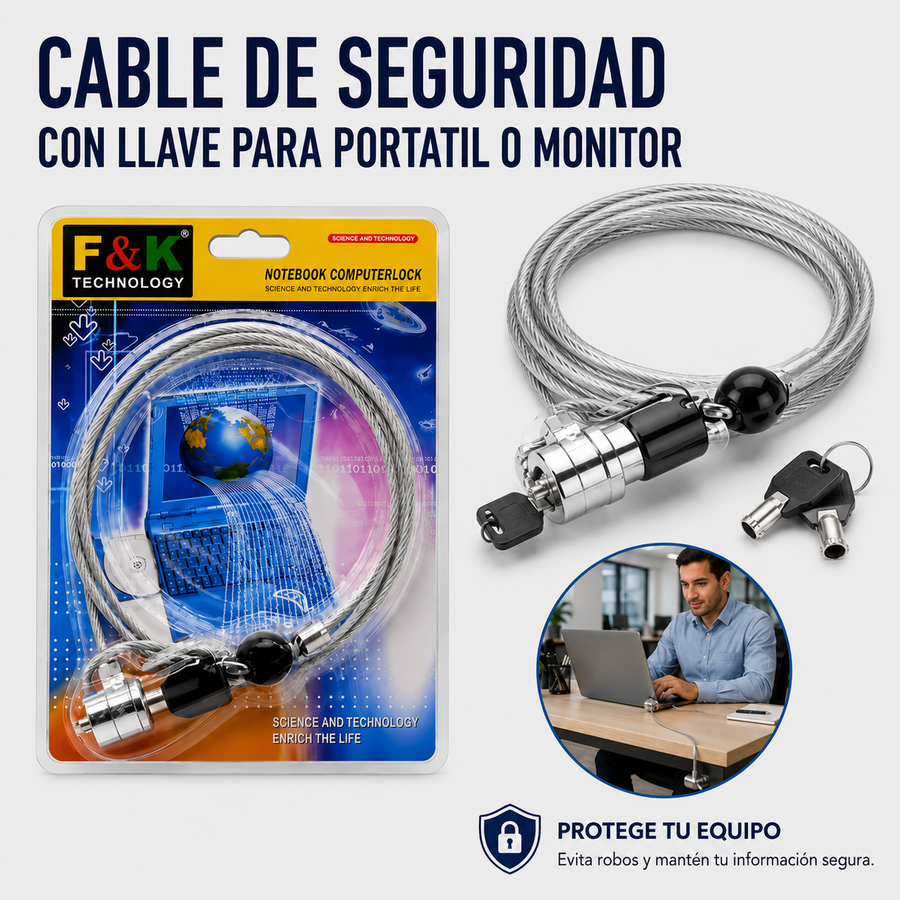 CABLE DE SEGURIDAD CON LLAVE PARA PORTATIL O MONITOR