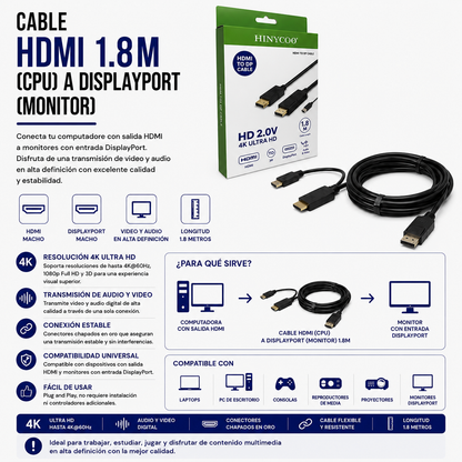 Cable HDMI a DisplayPort – 1.8 Metros (HDMI → DisplayPort)