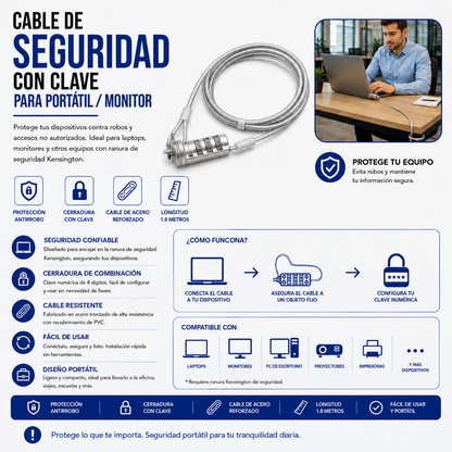 Cable de Seguridad con Llave para Portátil o Monitor
