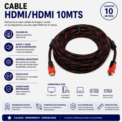 Cable HDMI a HDMI 10 Metros – Alta Velocidad para Audio y Video en Alta Definición