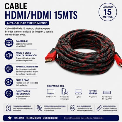 Cable HDMI a HDMI 15 Metros – Alta Velocidad para Audio y Video en Alta Definición