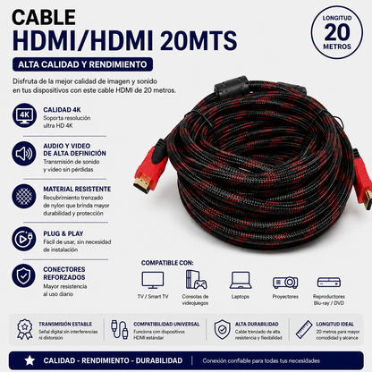 Cable HDMI a HDMI 20 Metros – Alta Velocidad para Audio y Video en Alta Definición
