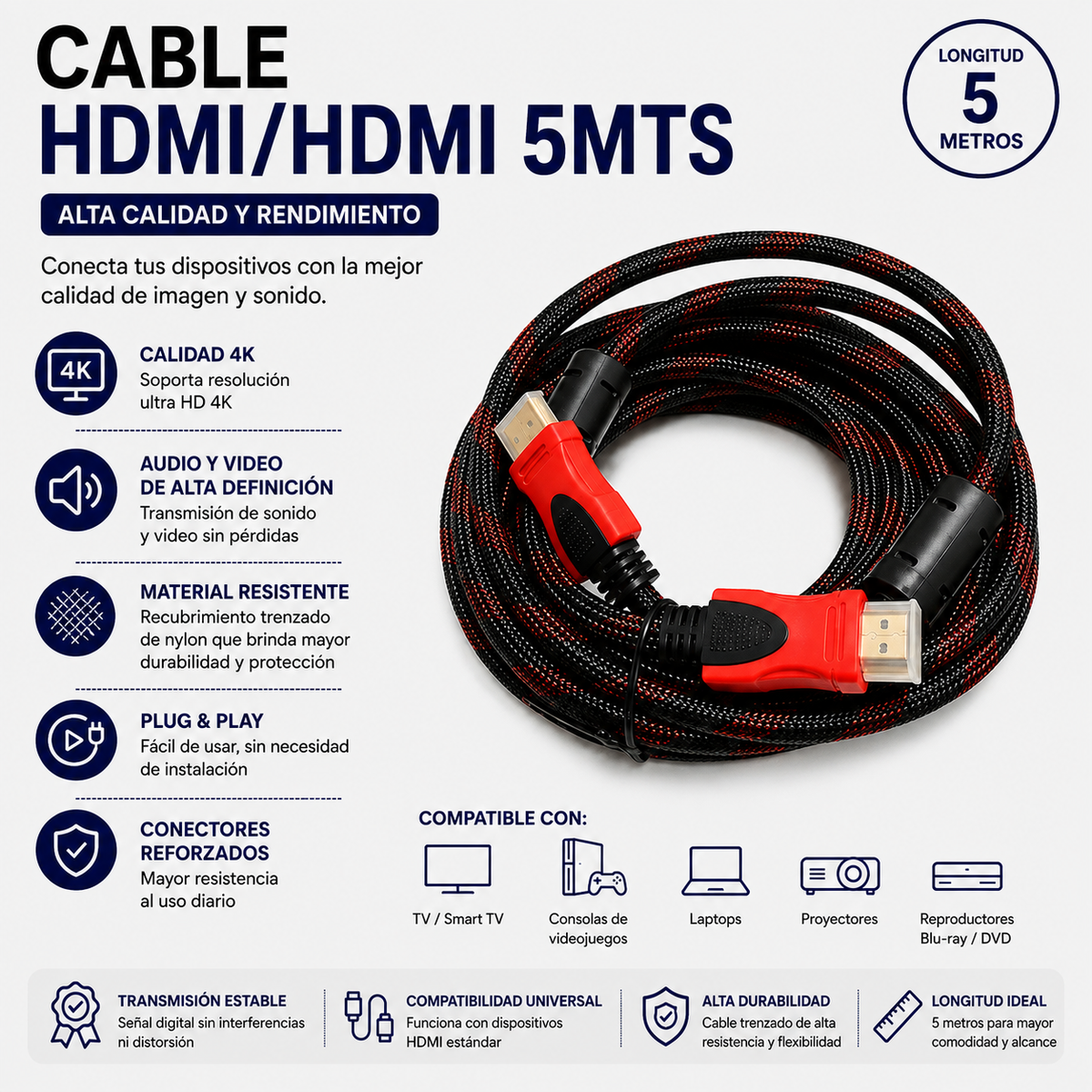 Cable HDMI a HDMI 5 Metros – Alta Velocidad para Audio y Video en Alta Definición