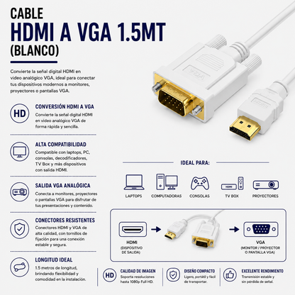 CABLE HDMI a VGA 1.5 Metros (Blanco)