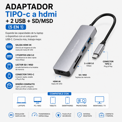 ADAPTADOR TIPO-c a hdmi + 2 USB + SD/MSD (5 EN 1)