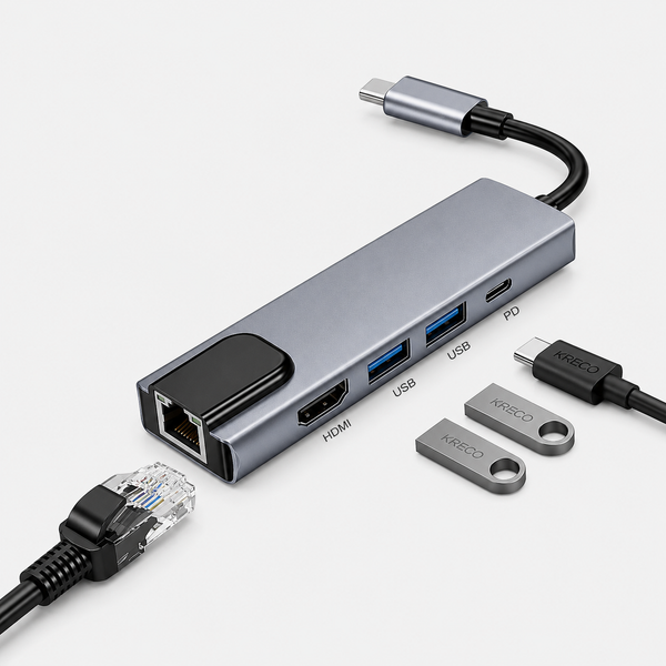ADAPTADOR TIPO C A HDMI + 2 USB + RJ45 (5 EN 1)