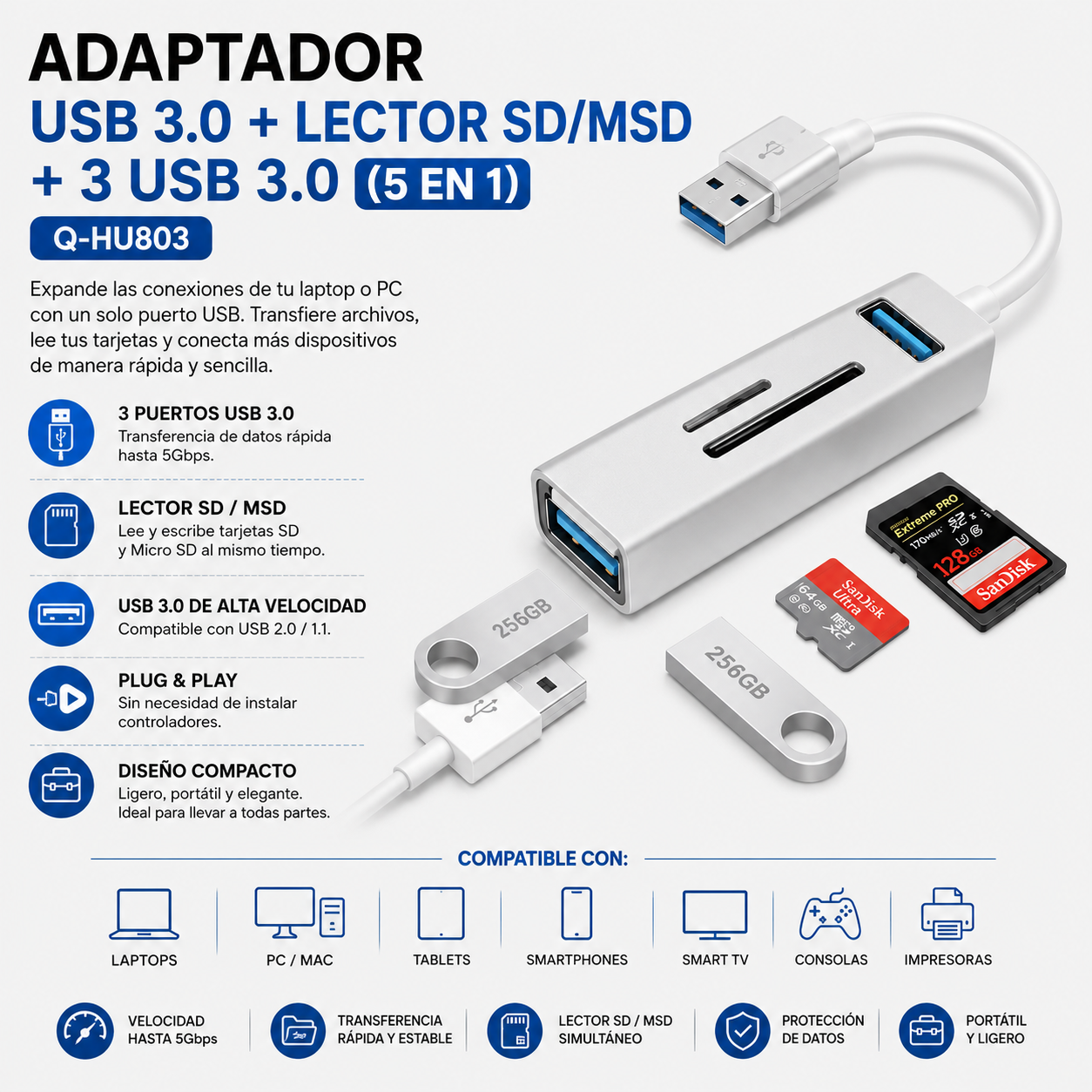 ADAPTADOR USB 3.0 + LECTOR SD/MSD + 3 USB 3.0 (5 EN 1) Q-HU803