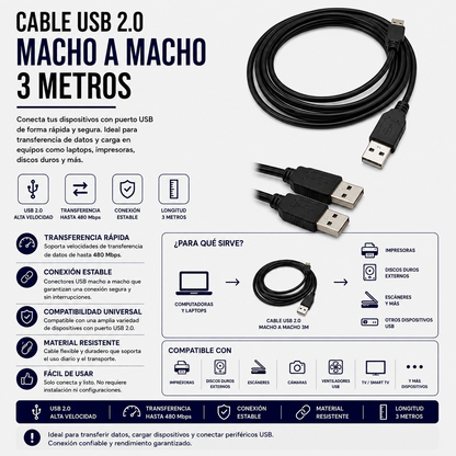 Cable USB 2.0 Macho a Macho – 3 Metros