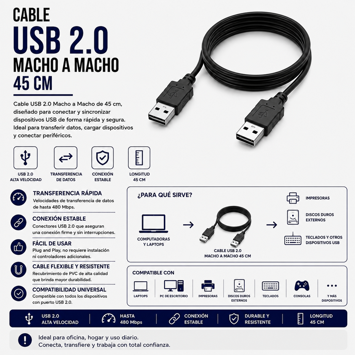 Cable USB 2.0 Macho a Macho – 45 cm
