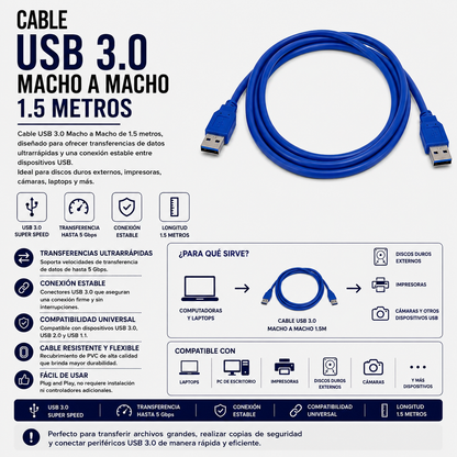 Cable USB 3.0 Macho a Macho – 1.5 Metros