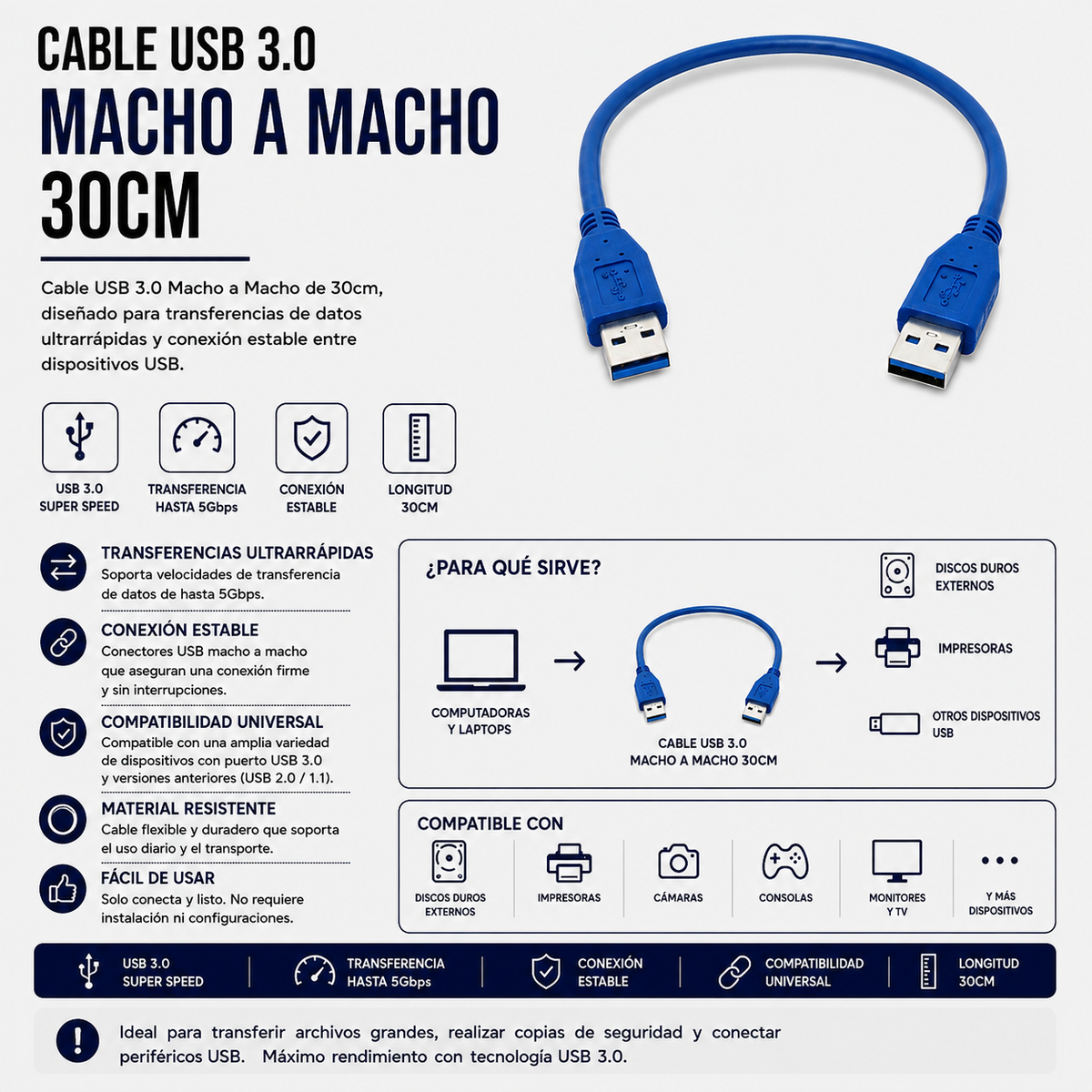 Cable USB 3.0 Macho a Macho – 30 cm