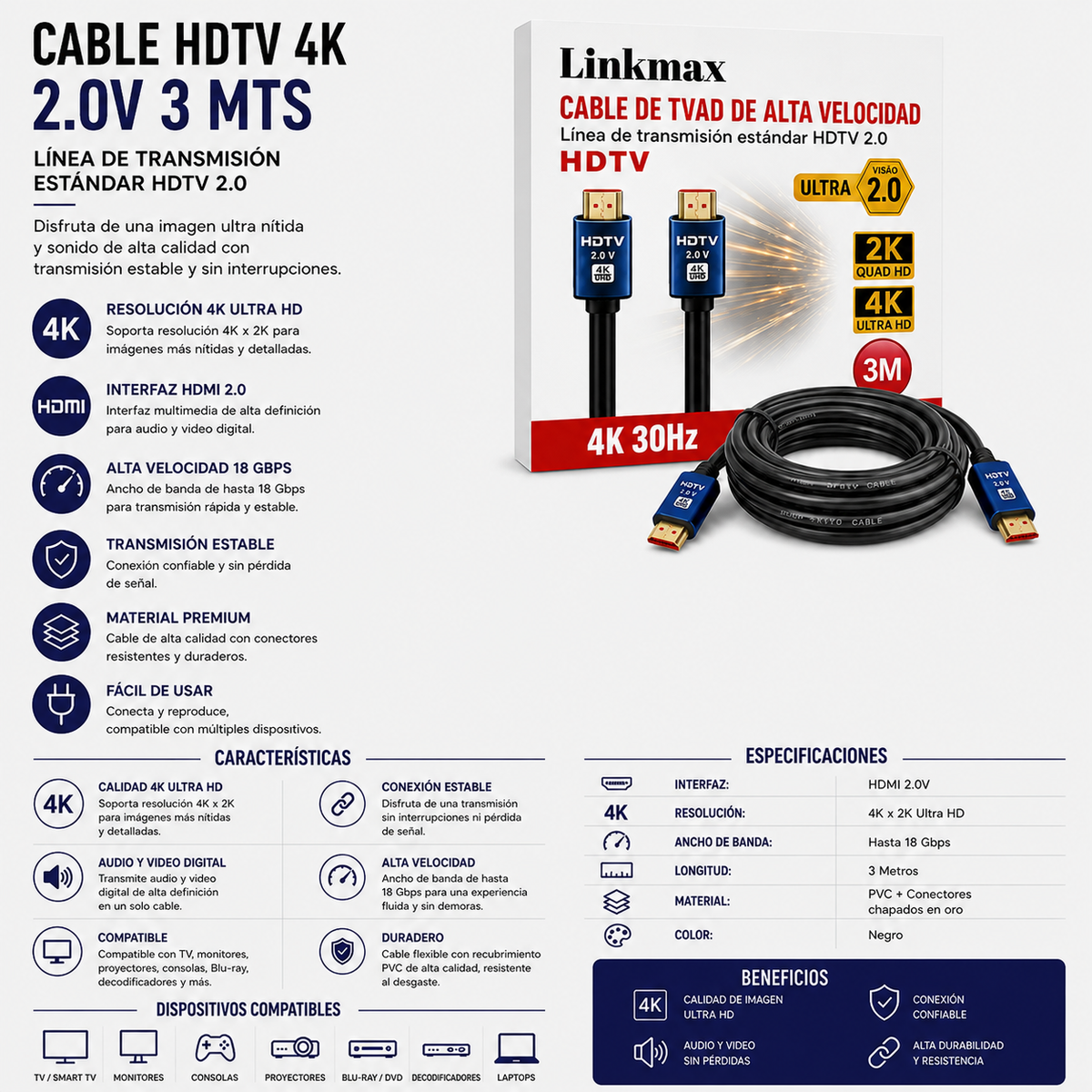 CABLES HDTV 4K HDMI 2.0V – 3 Metros