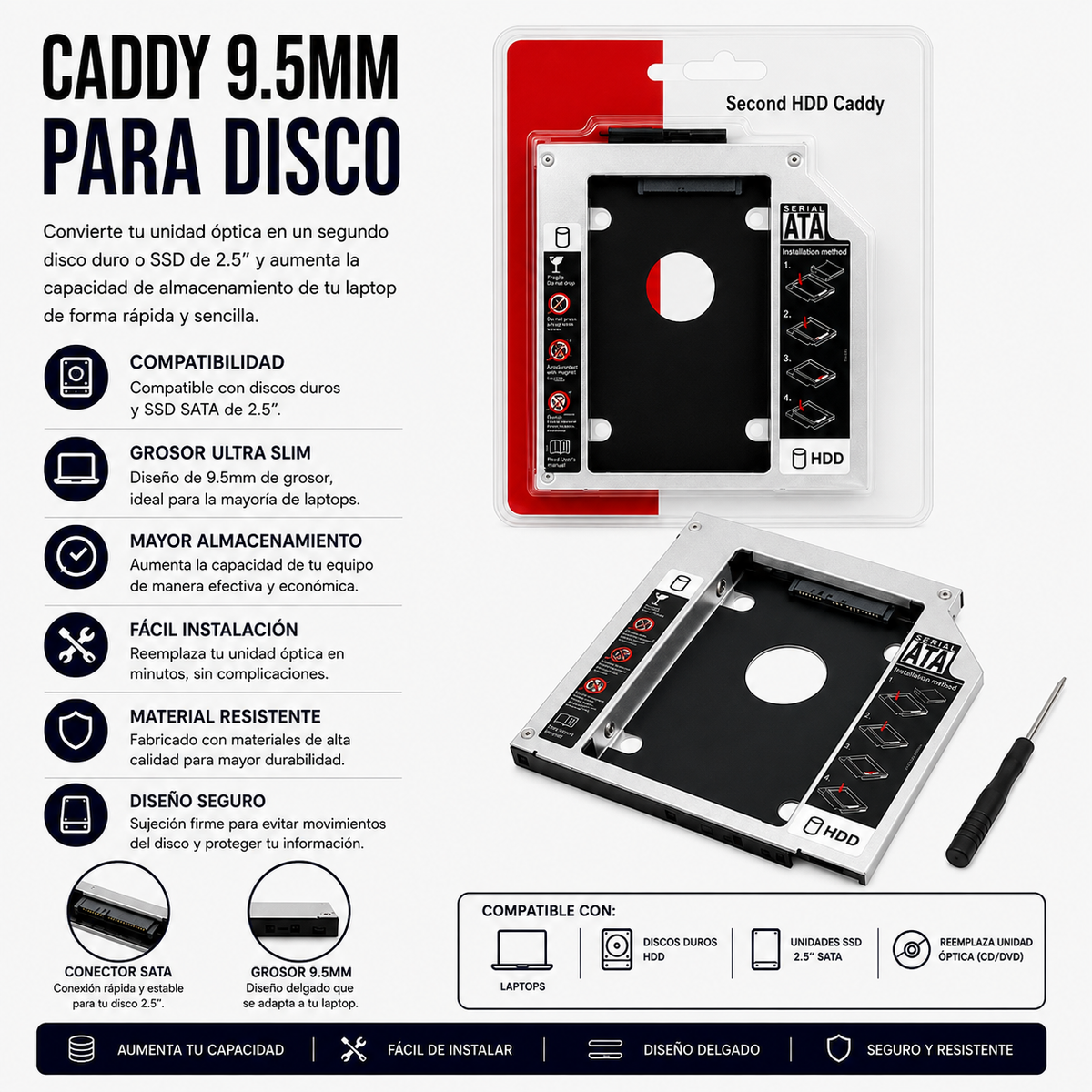 Caddy SATA 9.5 mm para Segundo Disco Duro / SSD de Laptop