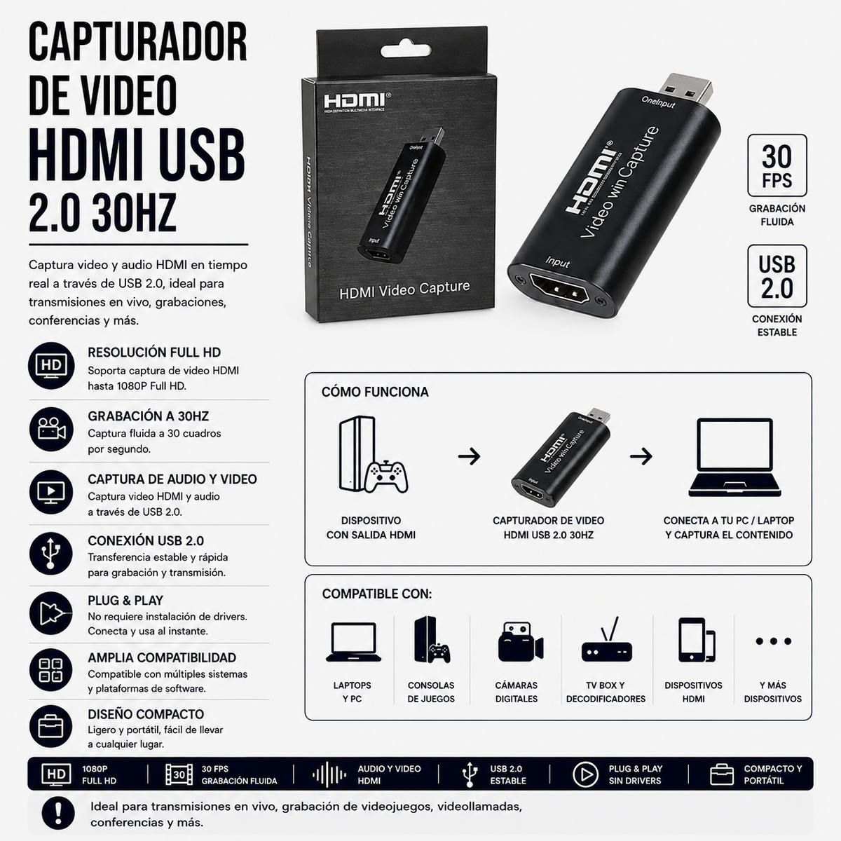 Capturadora de Video HDMI a USB 2.0 – 30 Hz