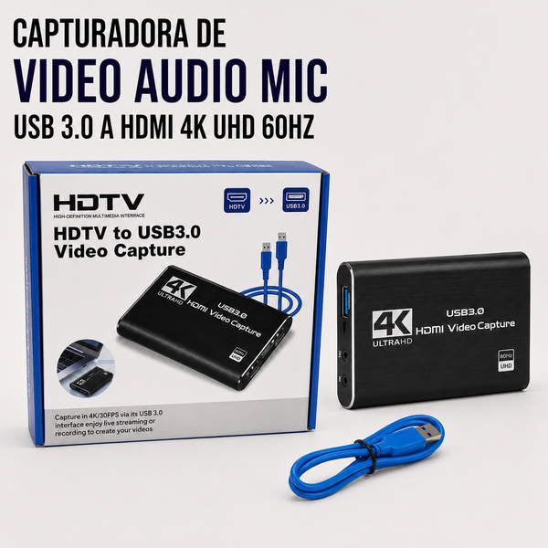 Capturadora de Video HDMI a USB 3.0 4K UHD con Entrada de Micrófono