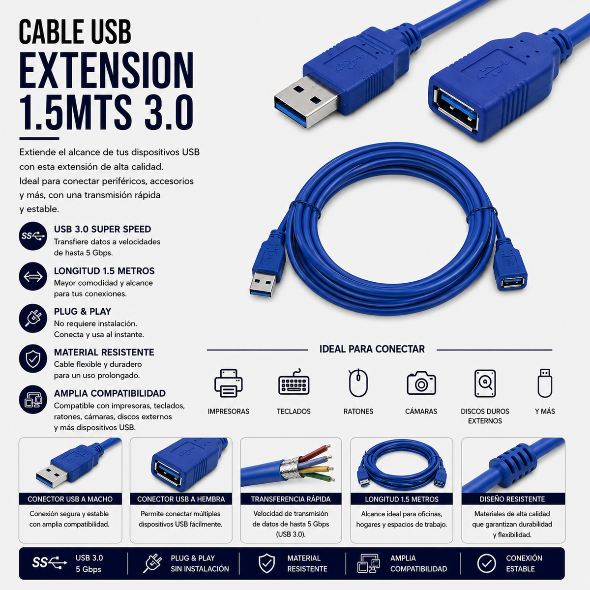 Cable USB Extensión 1.5 Metros USB 3.0