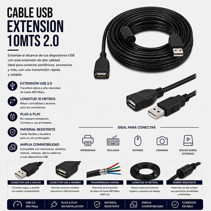 Cable USB Extensión 10 Metros USB 2.0