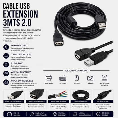 Cable USB Extensión 3 Metros USB 2.0