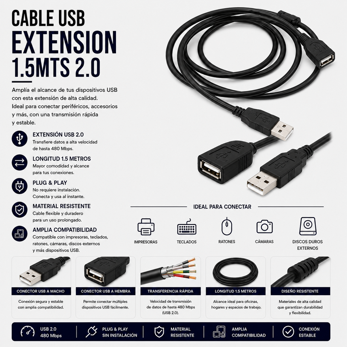 Cable USB Extensión 1.5 Metros USB 2.0