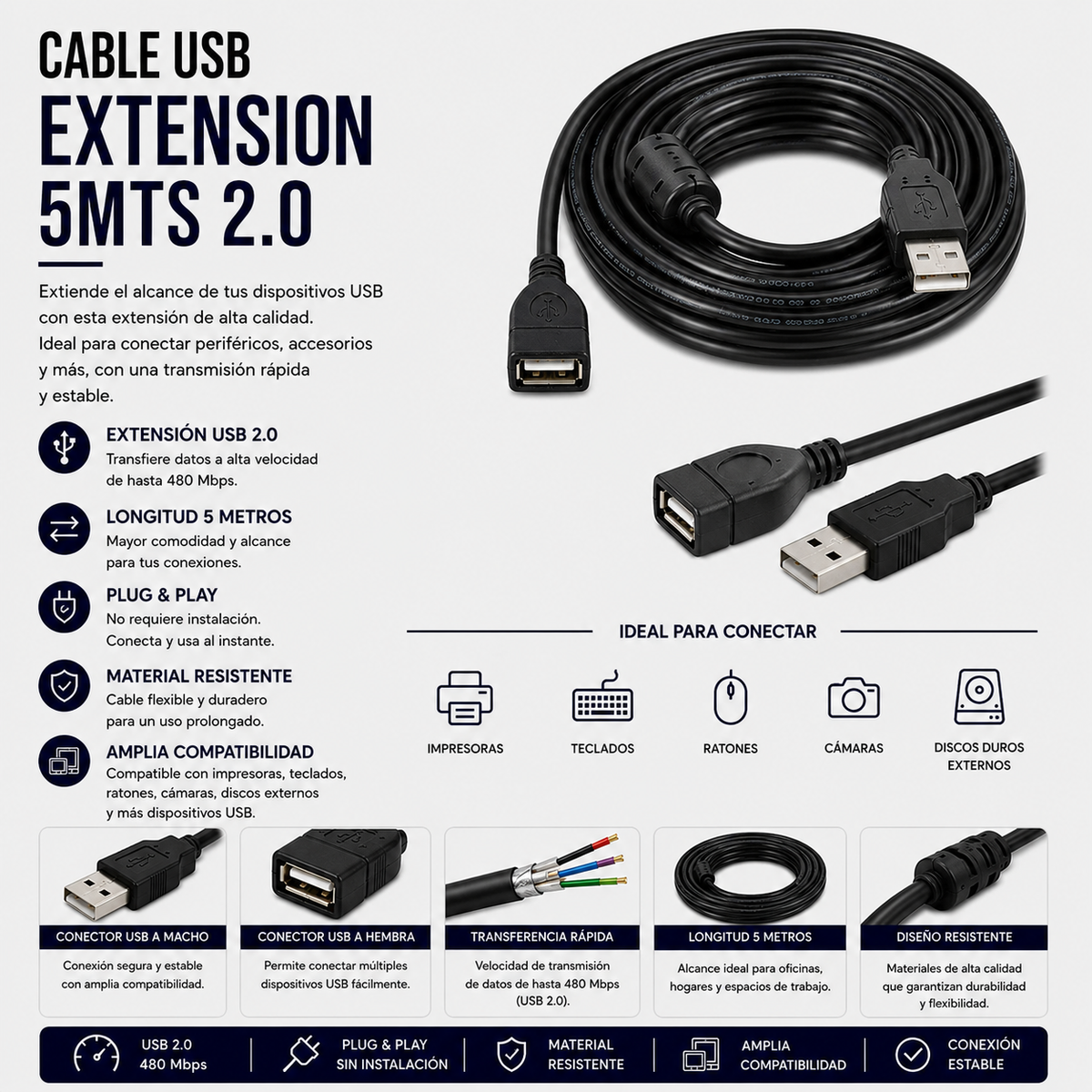 Cable USB Extensión 5 Metros USB 2.0