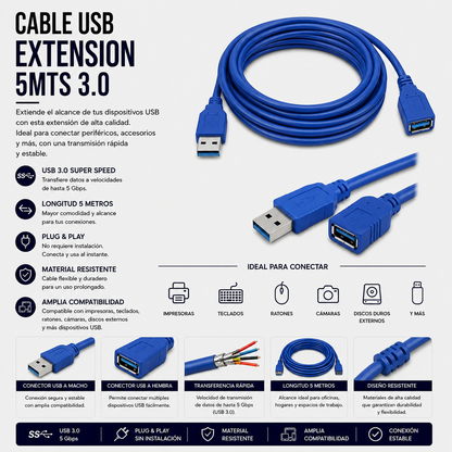 Cable USB Extensión 5 Metros USB 3.0