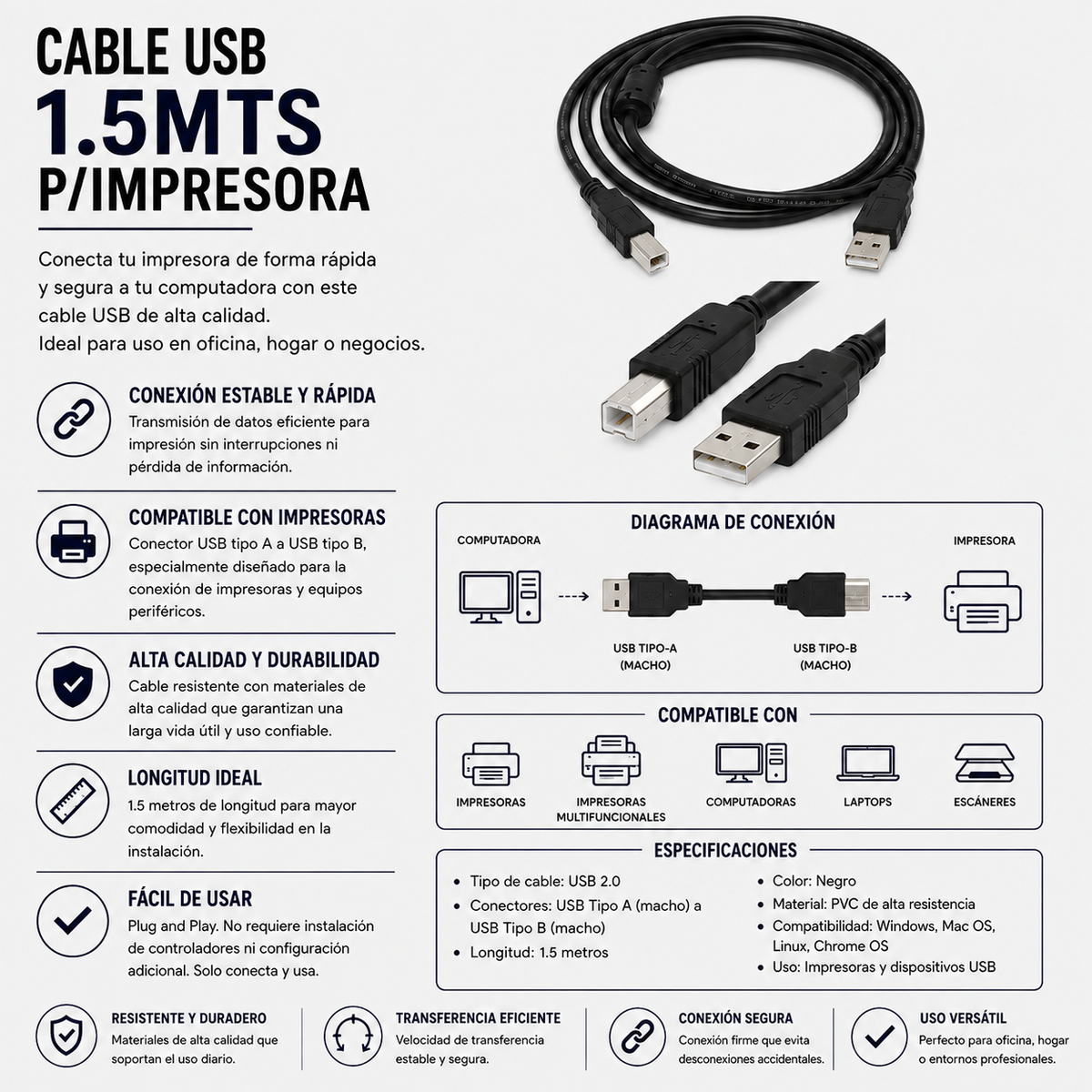 CABLE USB PARA IMPRESORA 1.5 Metros