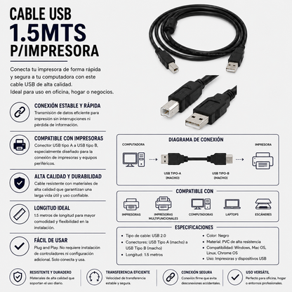 CABLE USB PARA IMPRESORA 1.5 Metros