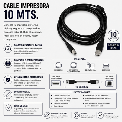 CABLE USB PARA IMPRESORA 10 Metros