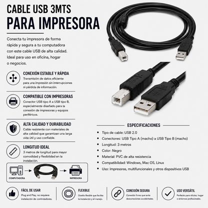 Cable USB para Impresora 3 Metros