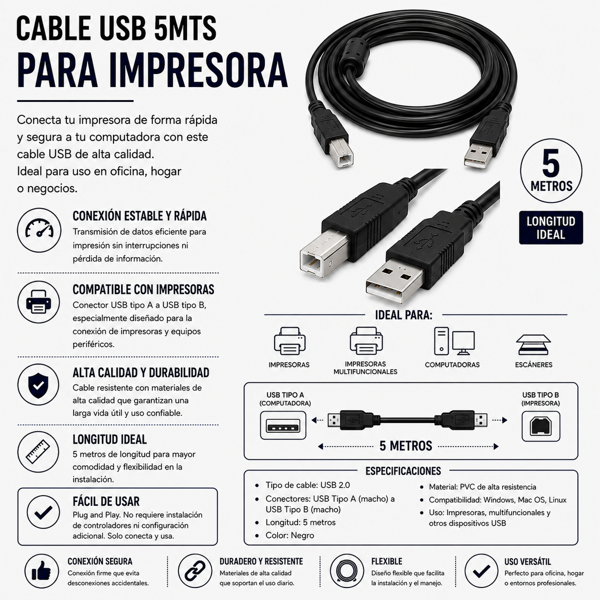 CABLE USB PARA IMPRESORA 5 Metros