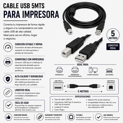 CABLE USB PARA IMPRESORA 5 Metros