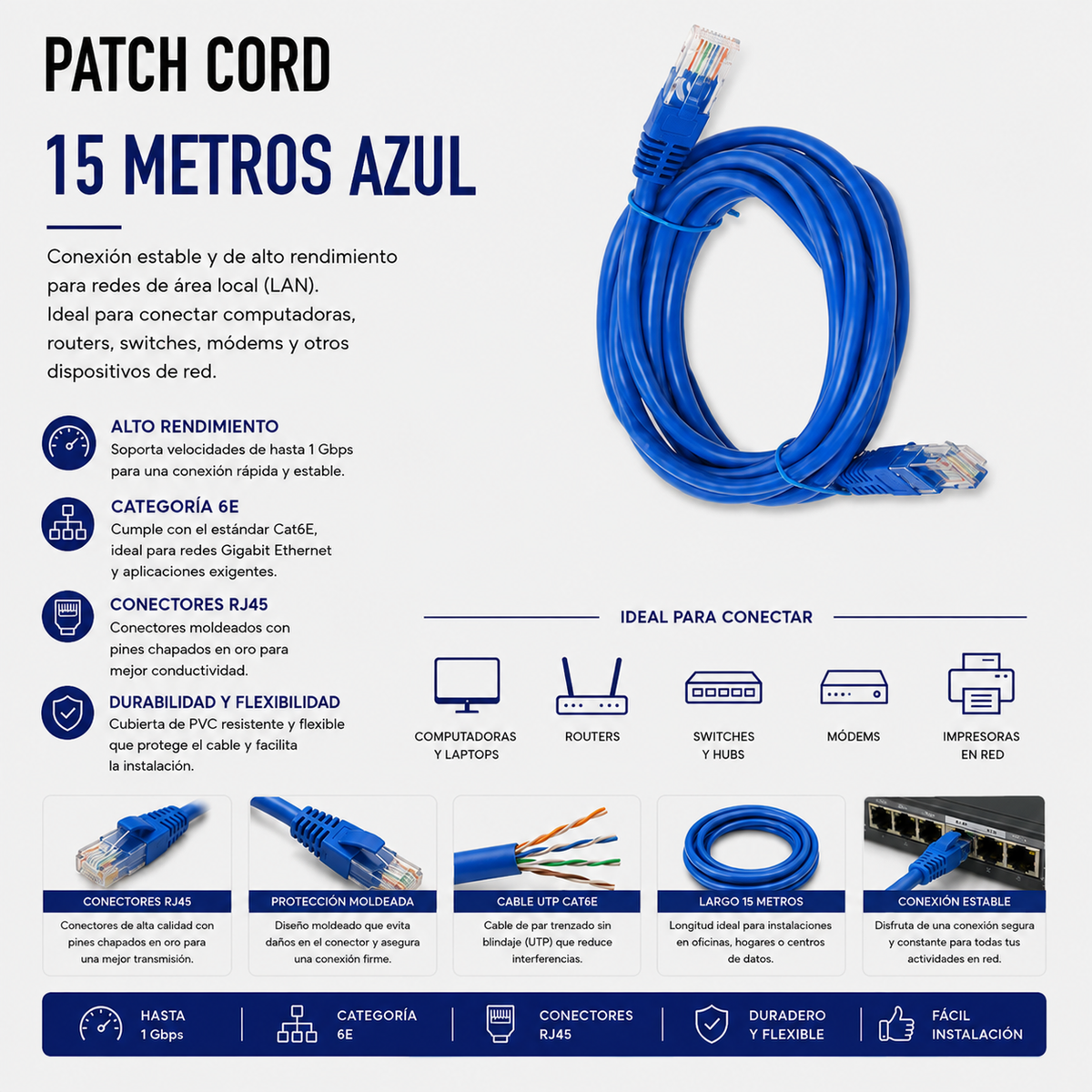 Cable Patch Cord CAT.6 15 Metros Azul