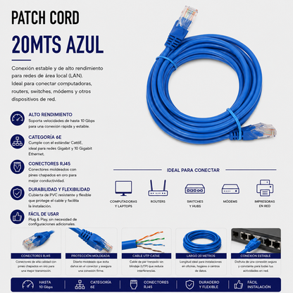 Cable Patch Cord CAT.6 20 Metros Azul