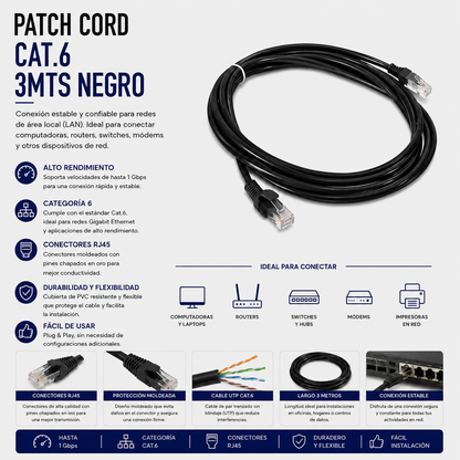 Cable Patch Cord CAT.6 3 Metros Negro