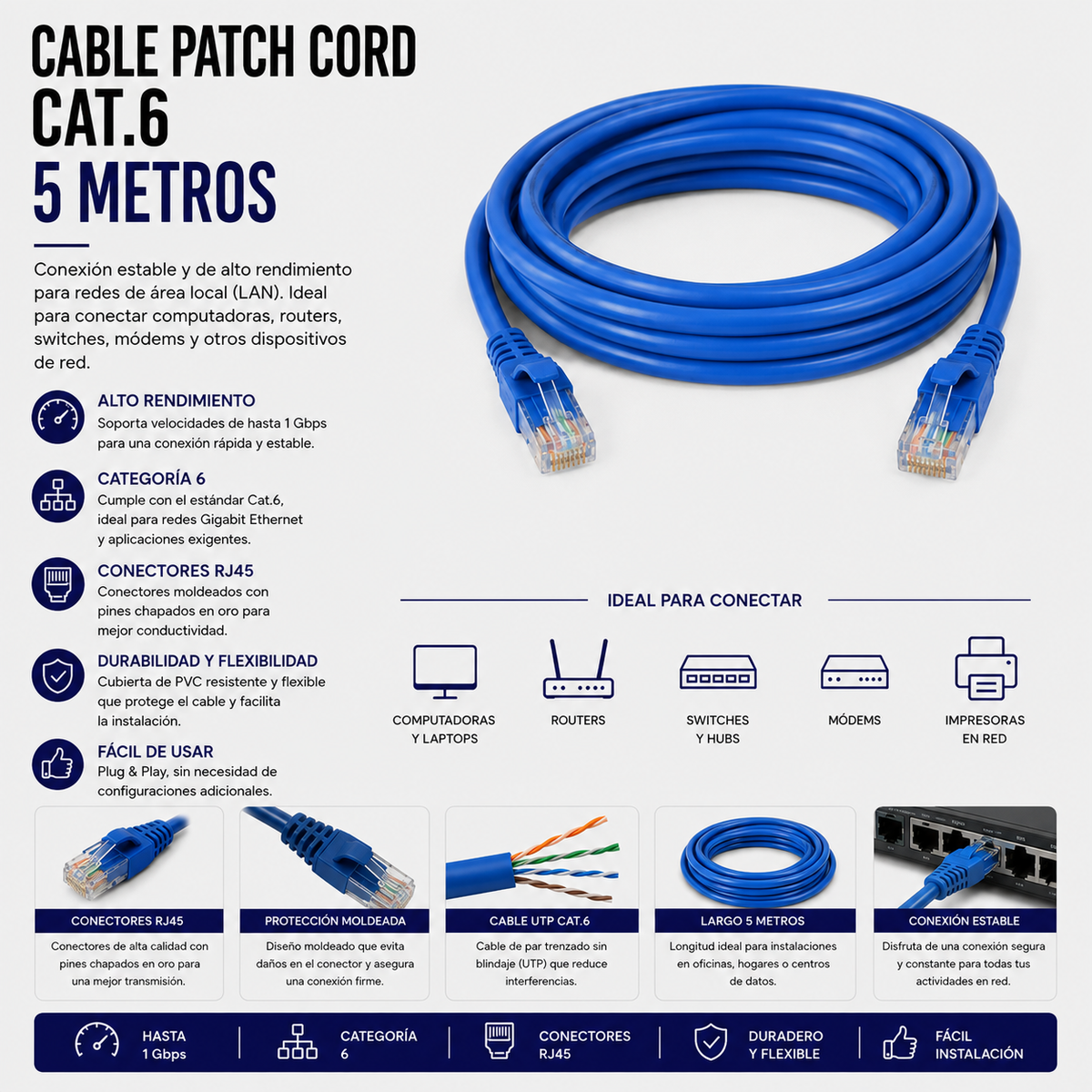 Cable Patch Cord CAT.6 5 Metros Azul
