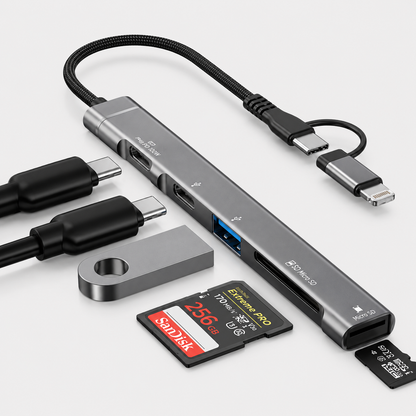 ADAPTADOR TIPO C/IPHONE + 2 TC + 1 USB + SD/MSD (5 EN 1)