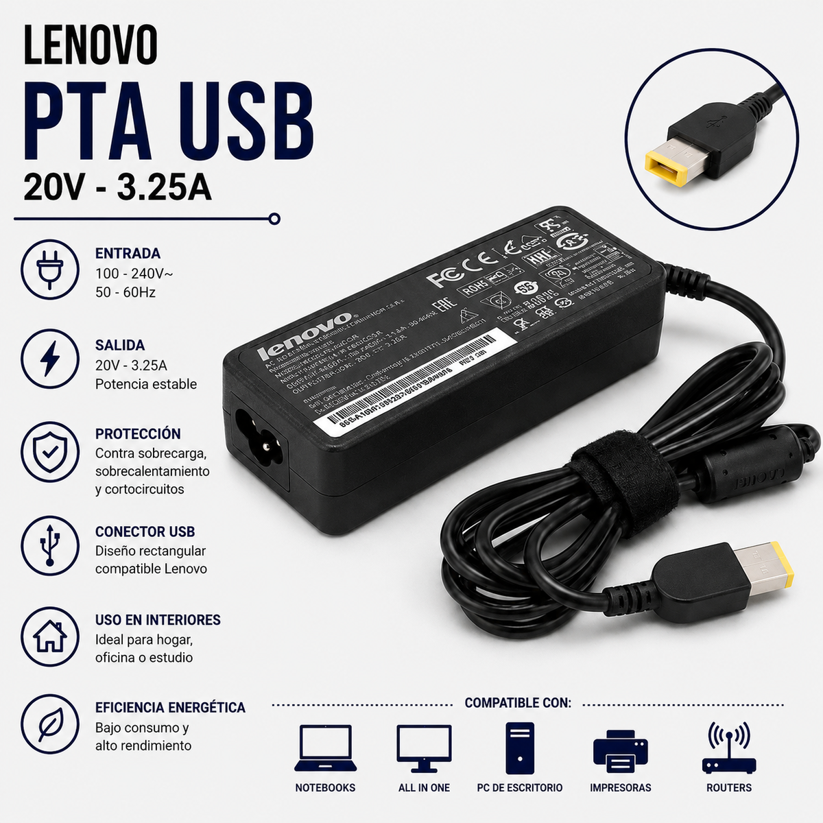 CARGADOR NB COMPATIBLE LEN 20V 3.25A PTA. USB