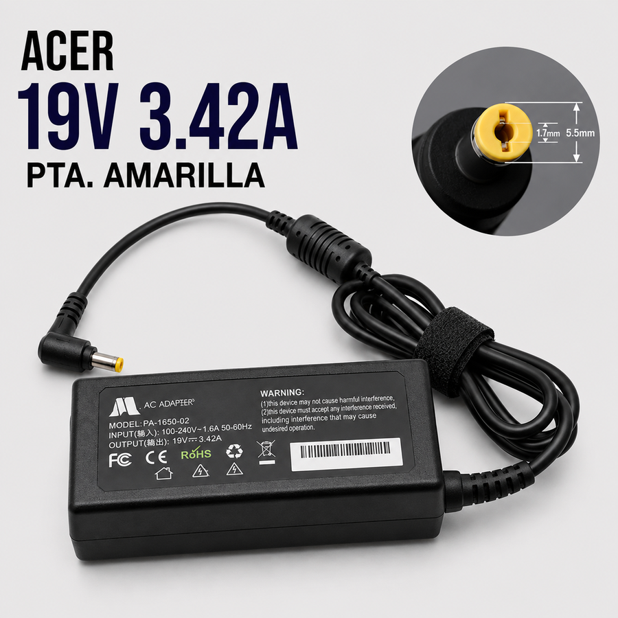 Cargador para Laptop Acer 19V 3.42A – Punta Amarilla