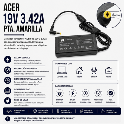 Cargador para Laptop Acer 19V 3.42A – Punta Amarilla