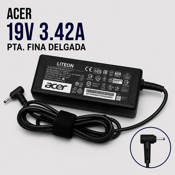 Cargador para Laptop Acer 19V 3.42A – Punta Fina Delgada