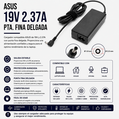 Cargador para Laptop ASUS 19V 2.37A – Punta Fina Delgada