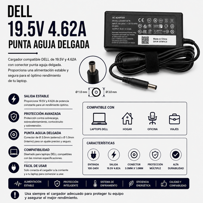 Cargador para Laptop Dell 19.5V 4.62A – Punta Aguja Delgada