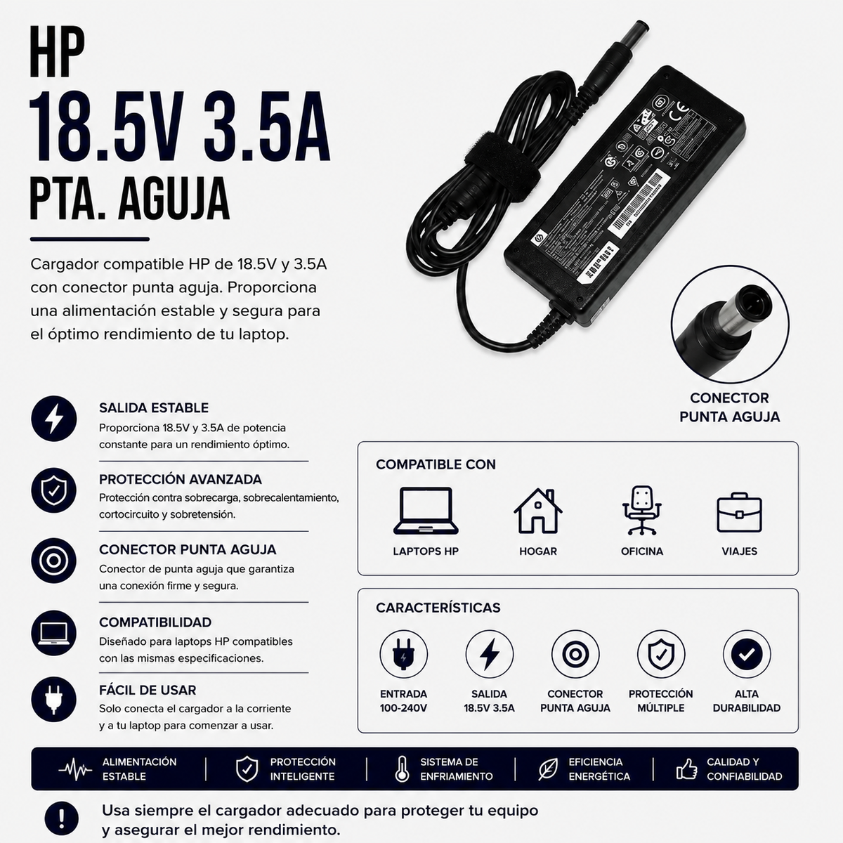 Cargador para Laptop HP 18.5V 3.5A – Punta Aguja