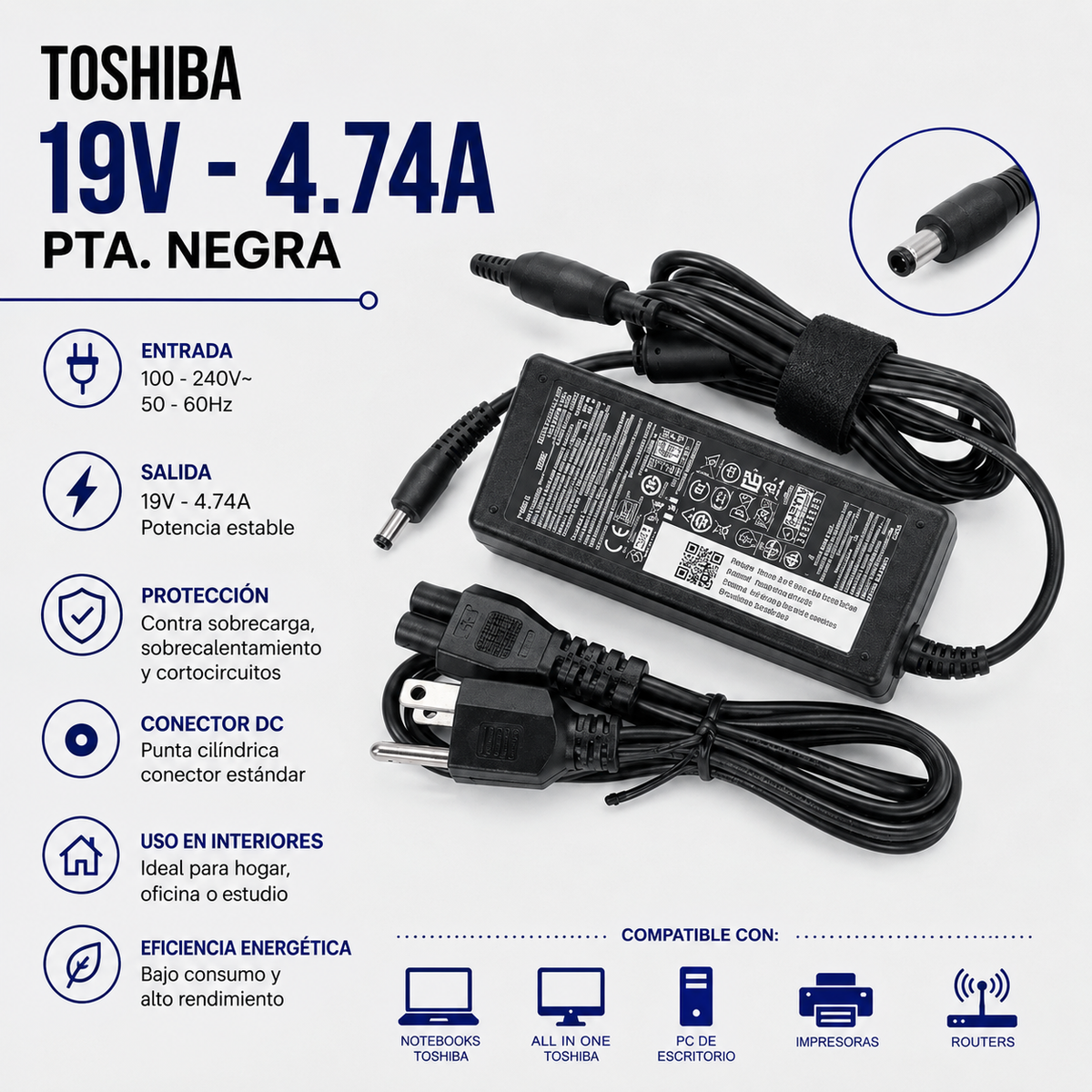 Cargador para Laptop Toshiba 19V 4.74A – Punta Negra