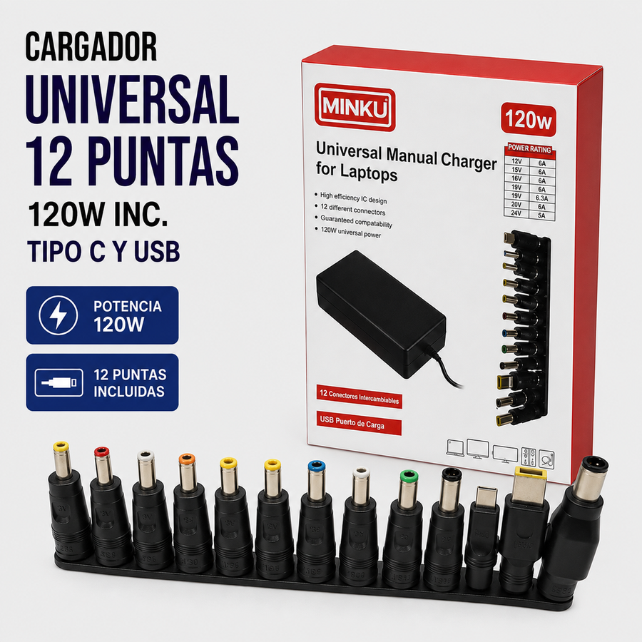 Cargador Universal para Laptop 120W – 12 Puntas Incluye USB Tipo-C y Punta USB