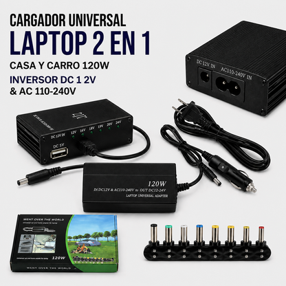 Cargador Universal para Laptop 2 en 1 Casa y Auto 120W – DC 12V &amp; AC 110–240V