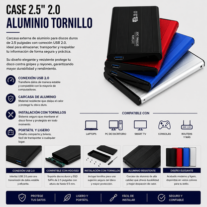 Case para Disco Duro Externo 2.5" USB 2.0 de Aluminio con Tornillos